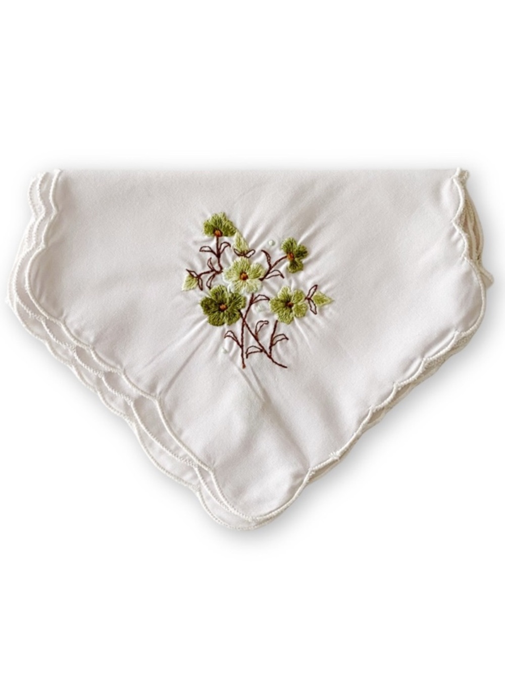 Antique White Cotton Green Floral Embroidered Butterfly Cut bread Liner Doily